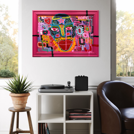 Colorful abstract art piece on a white wall above a turntable setup.