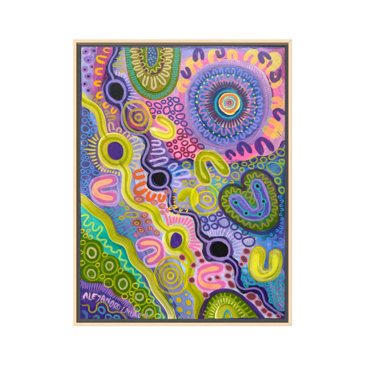 City Lights framed original Aboriginal acrylic painting by Aléjandro Lauren, 30 x 40 cm, featuring colourful abstract patterns