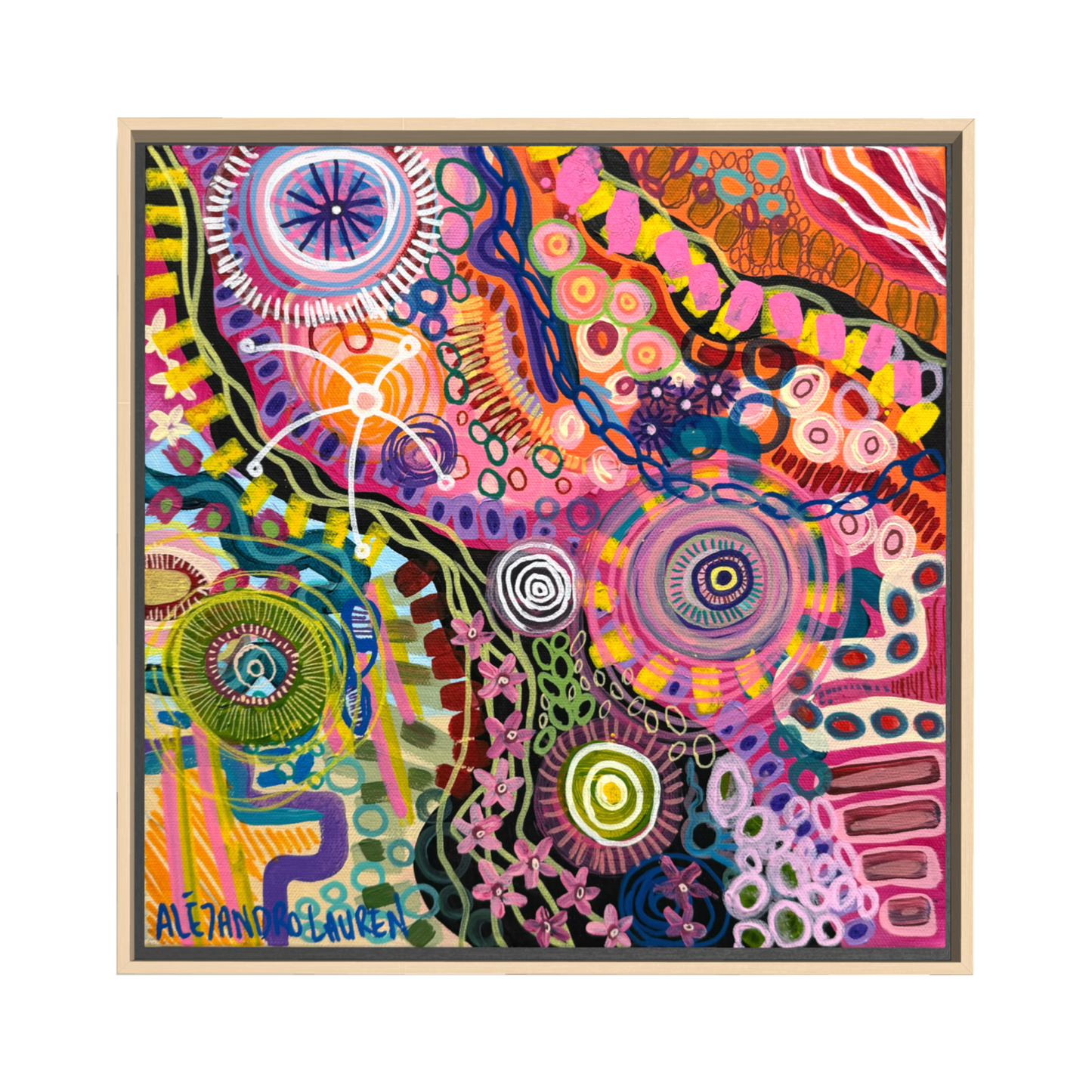 Colour Chaos framed original Aboriginal acrylic painting by Aléjandro Lauren, 30 x 30 cm, filled with vivid layered abstract patterns