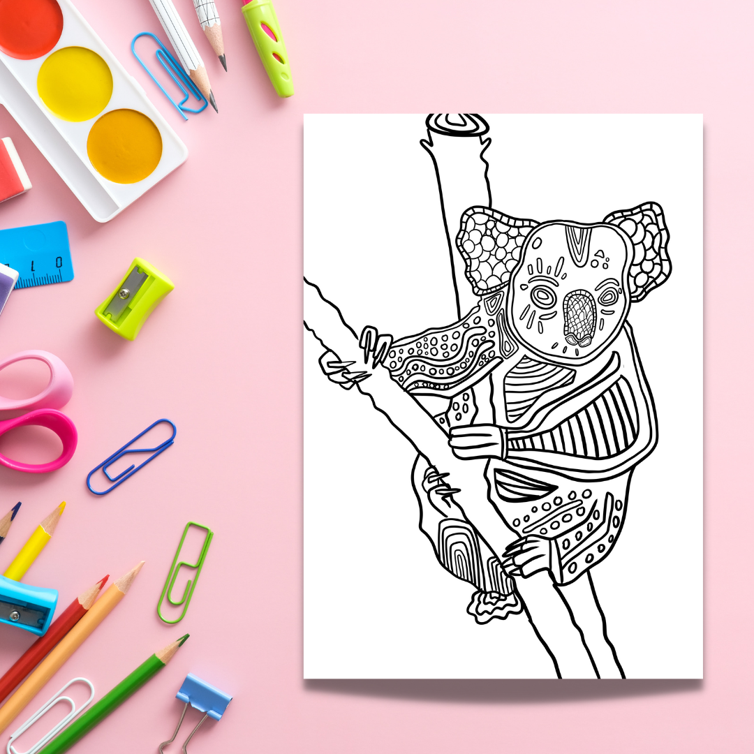 Aboriginal Art | Koala Sitting in a Tree | Colouring Page