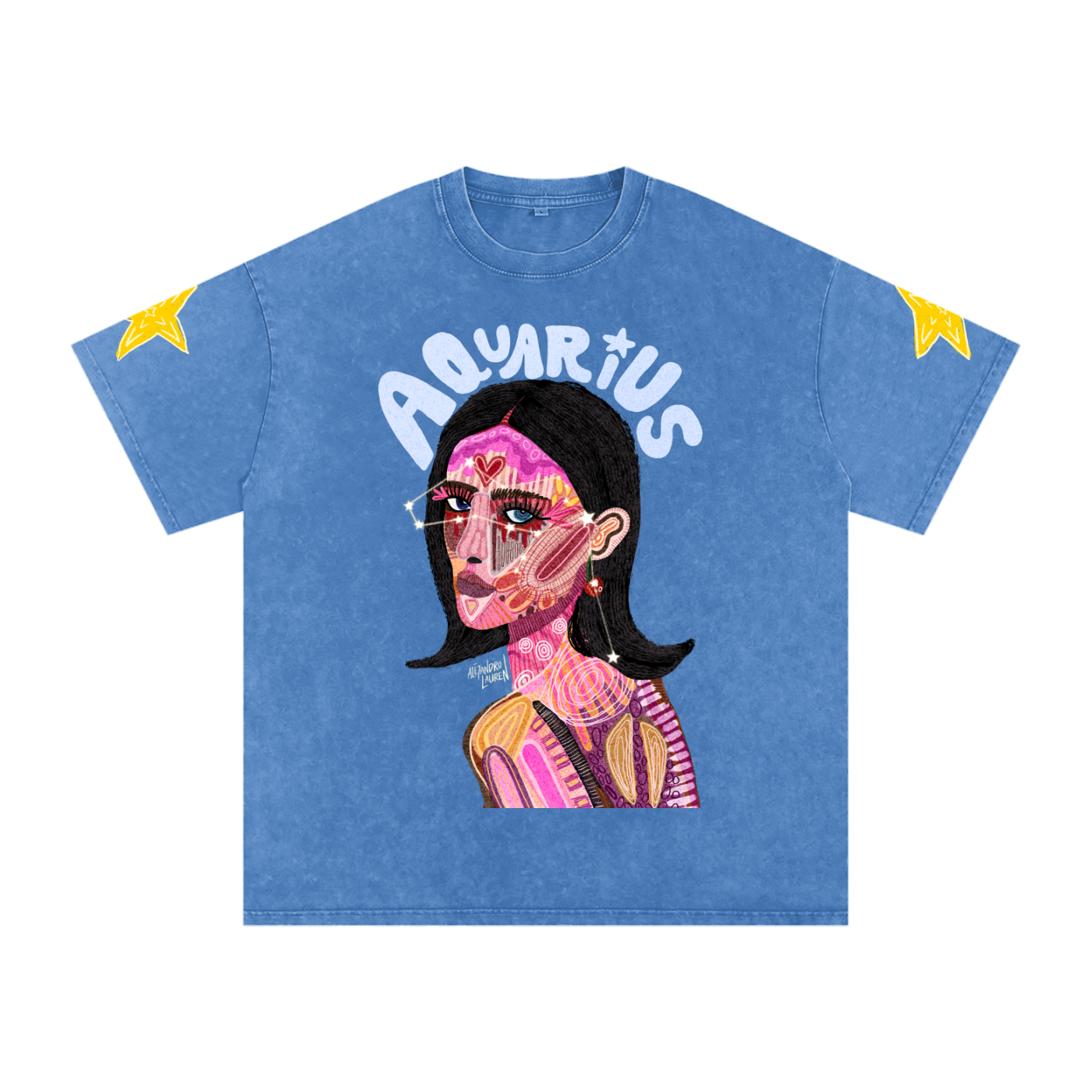 Aquarius | Star Sign Astrology Art | Graphic Snow Washed Oversized Cotton T-Shirt