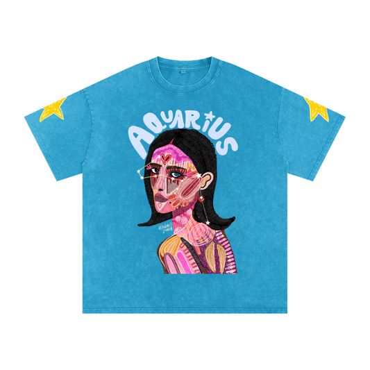 Aquarius | Star Sign Astrology Art | Graphic Snow Washed Oversized Cotton T-Shirt