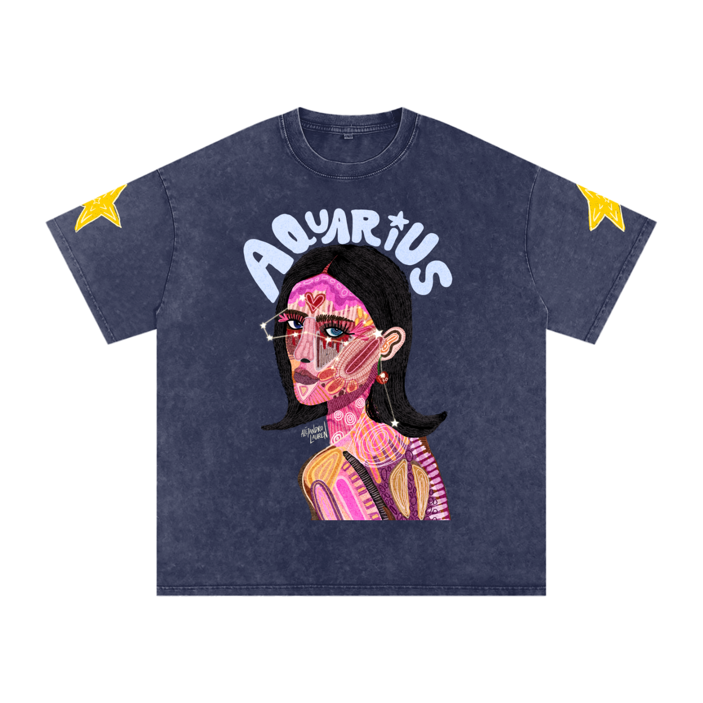 Aquarius | Star Sign Astrology Art | Graphic Snow Washed Oversized Cotton T-Shirt