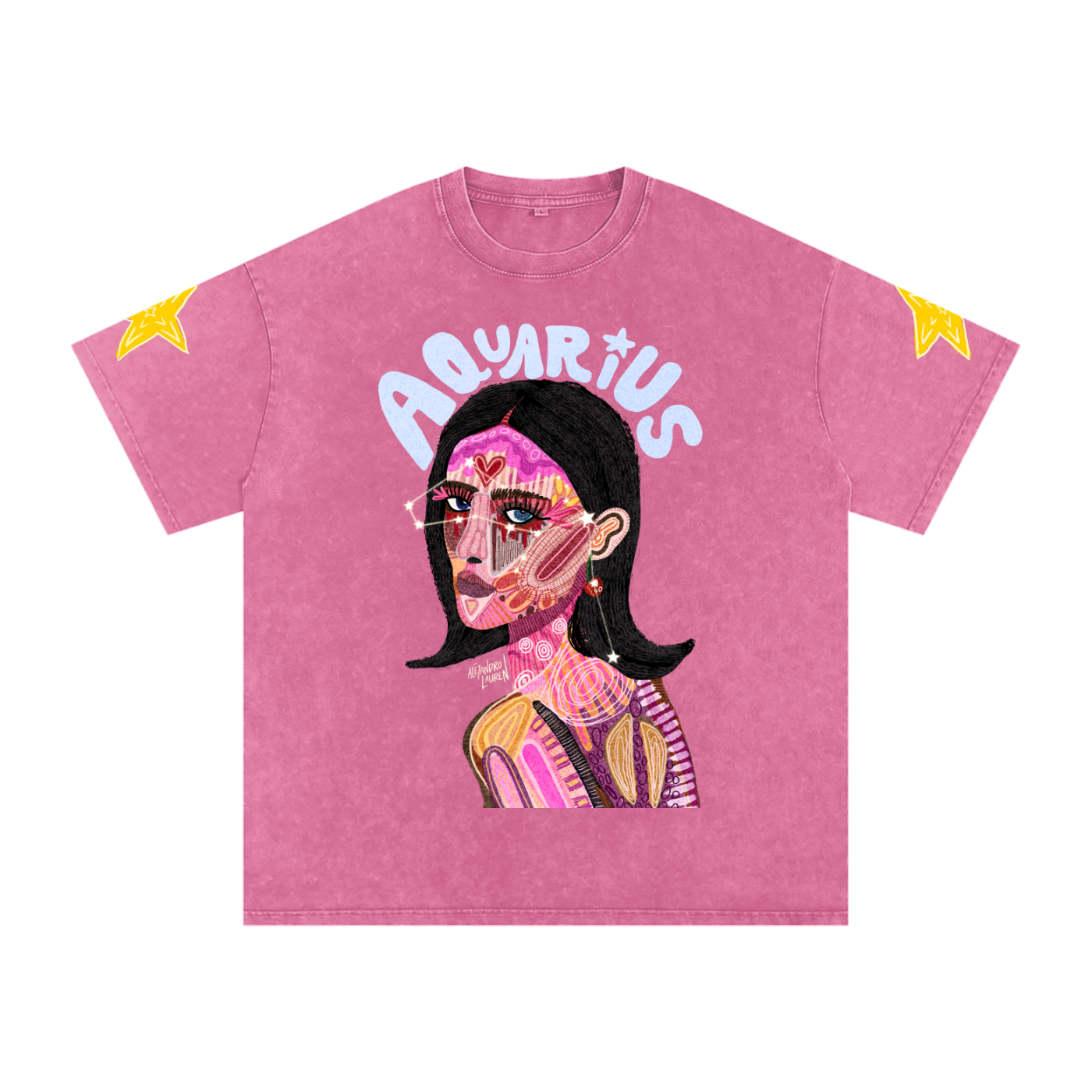 Aquarius | Star Sign Astrology Art | Graphic Snow Washed Oversized Cotton T-Shirt