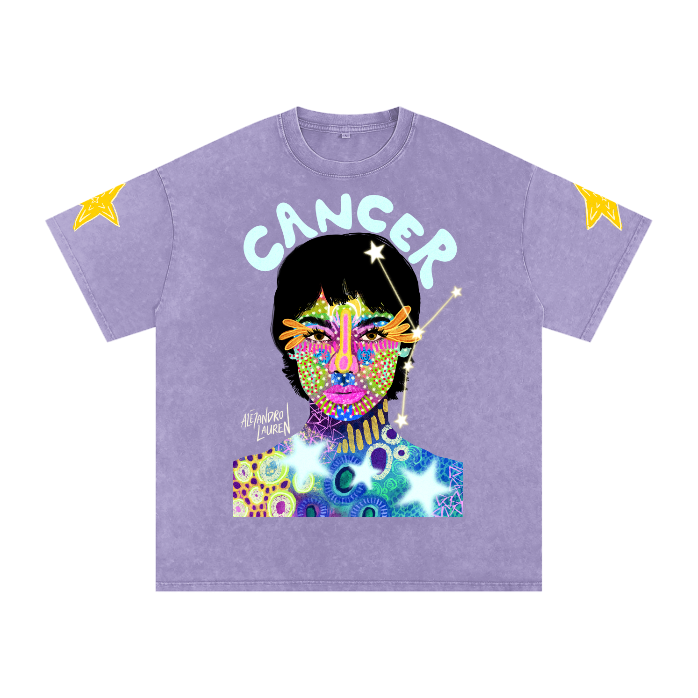 Cancer | Star Sign Astrology Art | Graphic Snow Washed Oversized Cotton T-Shirt