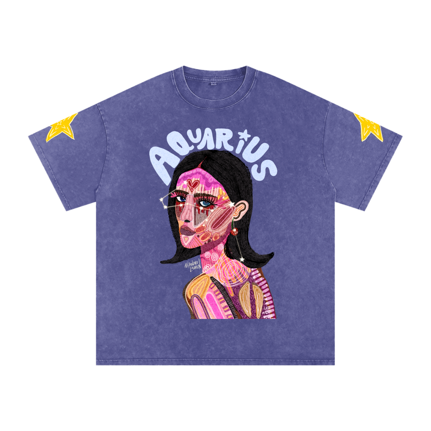 Aquarius | Star Sign Astrology Art | Graphic Snow Washed Oversized Cotton T-Shirt