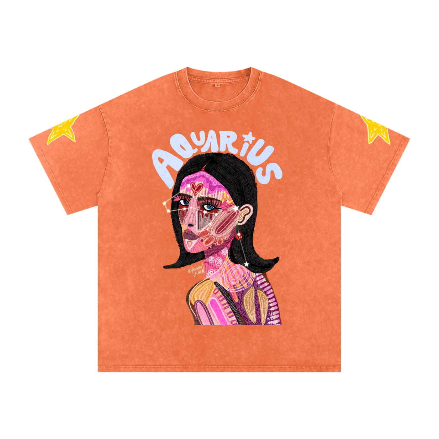 Aquarius | Star Sign Astrology Art | Graphic Snow Washed Oversized Cotton T-Shirt