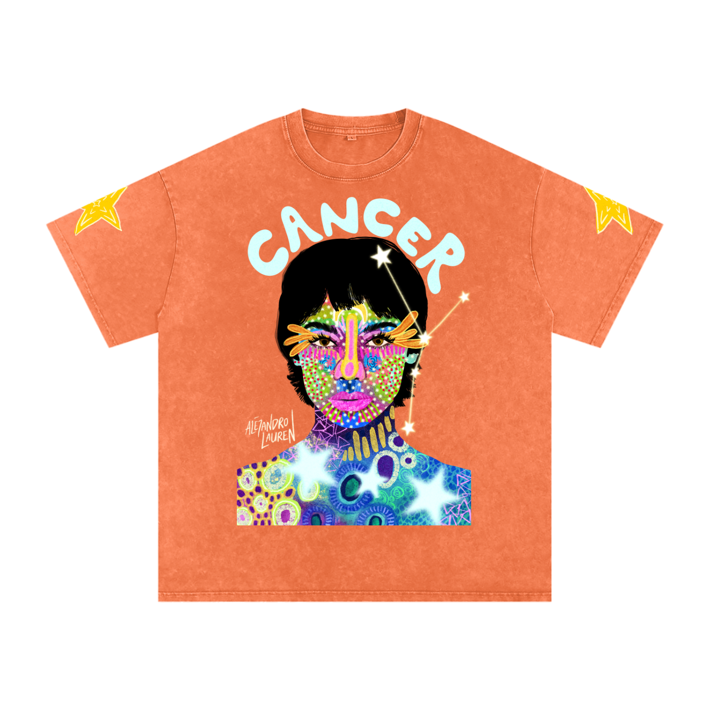 Cancer | Star Sign Astrology Art | Graphic Snow Washed Oversized Cotton T-Shirt