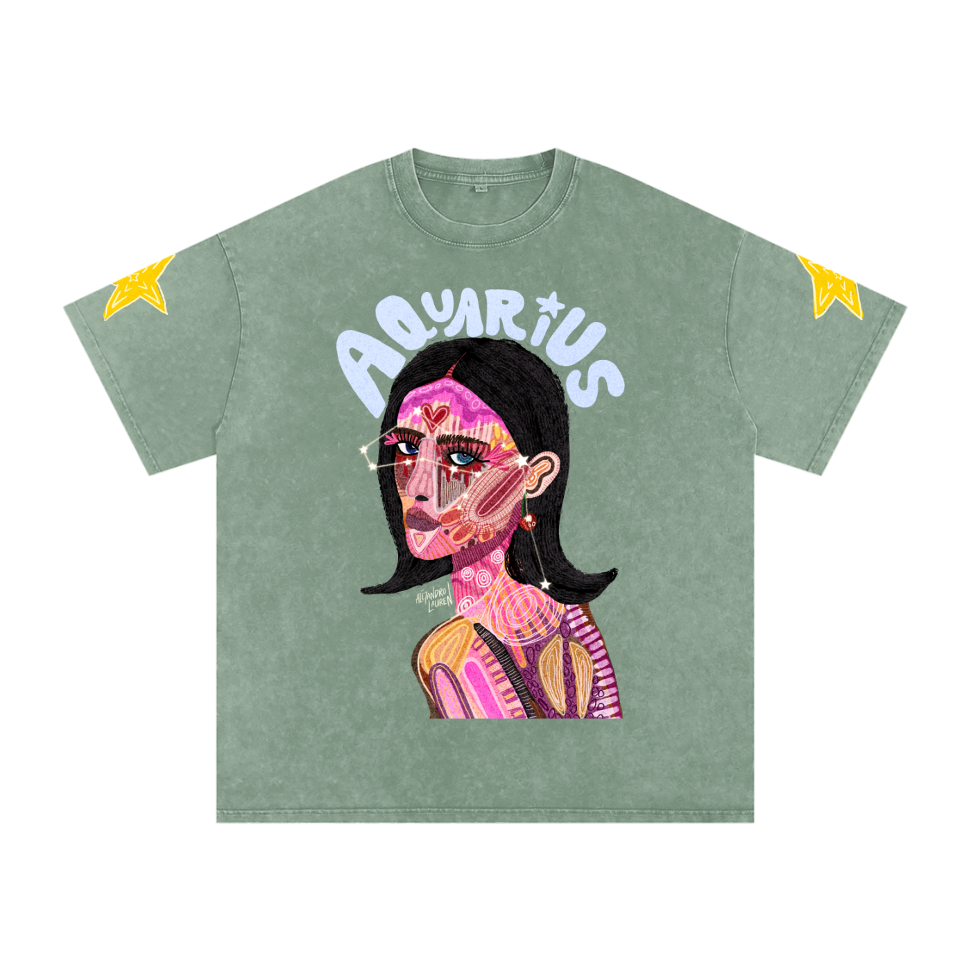 Aquarius | Star Sign Astrology Art | Graphic Snow Washed Oversized Cotton T-Shirt