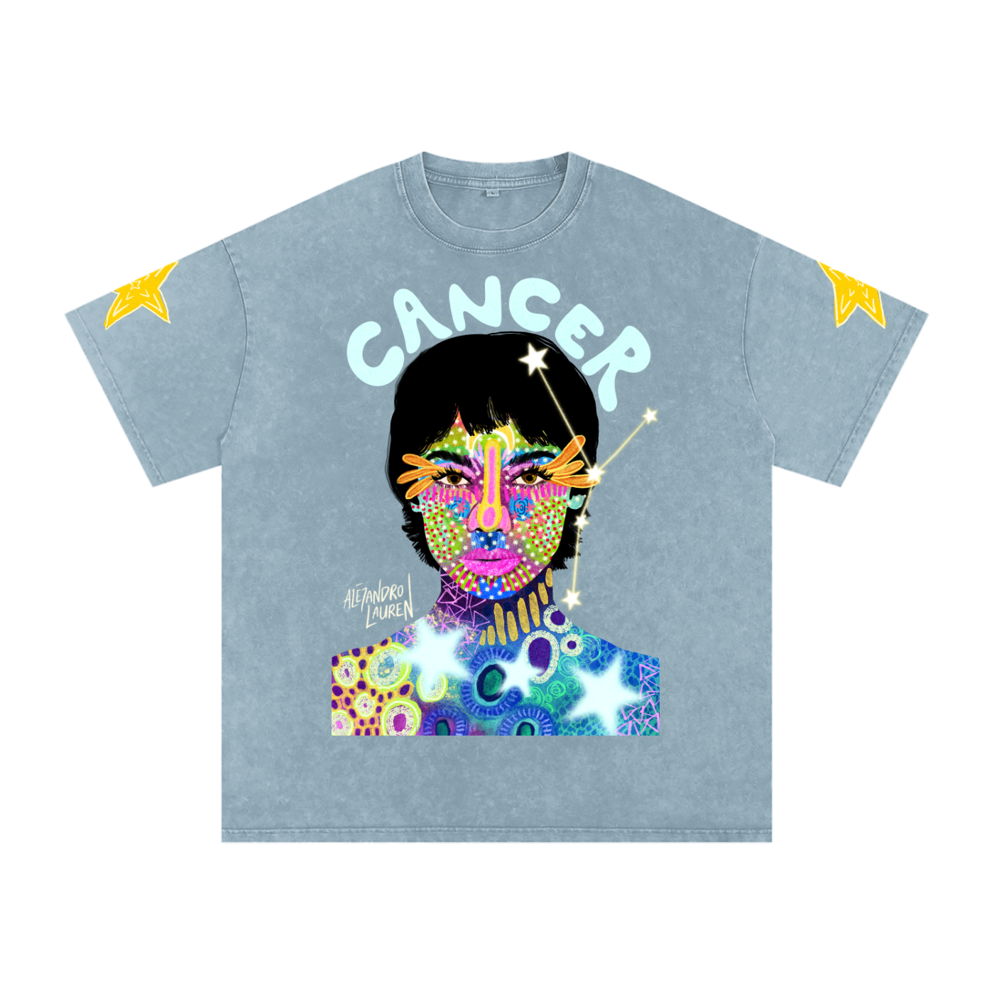 Cancer | Star Sign Astrology Art | Graphic Snow Washed Oversized Cotton T-Shirt