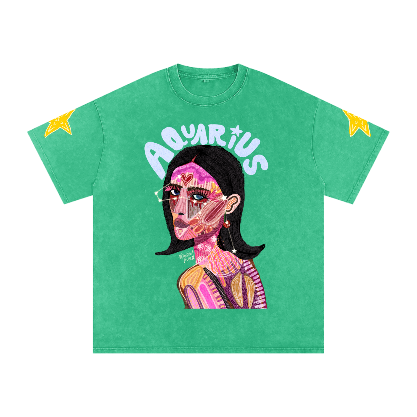 Aquarius | Star Sign Astrology Art | Graphic Snow Washed Oversized Cotton T-Shirt