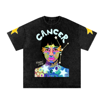 Cancer | Star Sign Astrology Art | Graphic Snow Washed Oversized Cotton T-Shirt