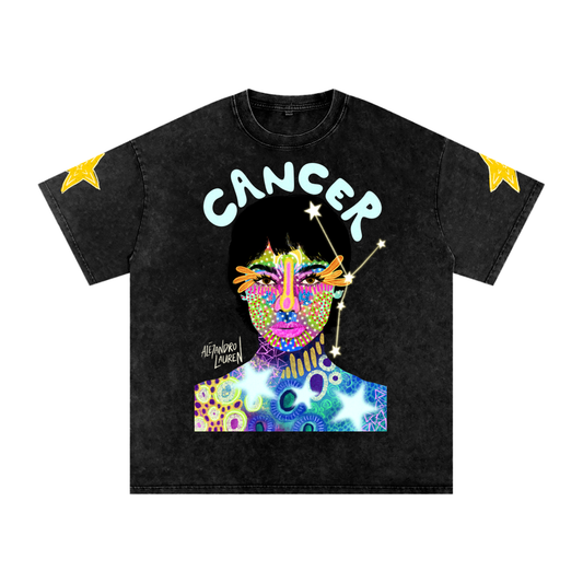 Cancer | Star Sign Astrology Art | Graphic Snow Washed Oversized Cotton T-Shirt