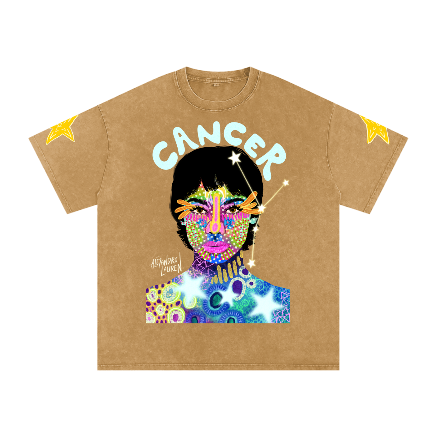 Cancer | Star Sign Astrology Art | Graphic Snow Washed Oversized Cotton T-Shirt