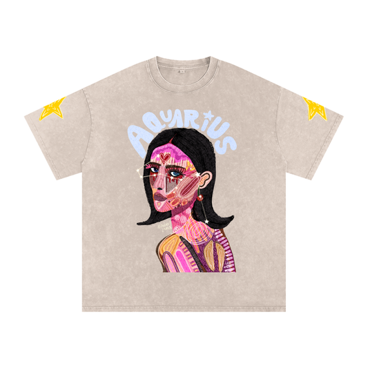 Aquarius | Star Sign Astrology Art | Graphic Snow Washed Oversized Cotton T-Shirt