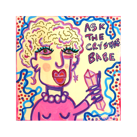 Ask the Crystals original painting by Aléjandro Lauren, a colourful 25 x 25 cm acrylic artwork of a figure holding a crystal