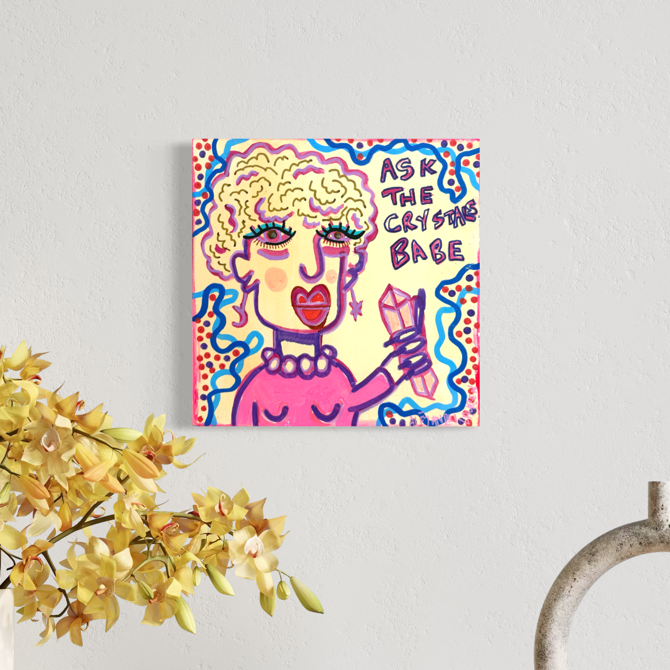 Ask the Crystals 25 x 25 cm original acrylic painting by Aléjandro Lauren displayed on a white wall
