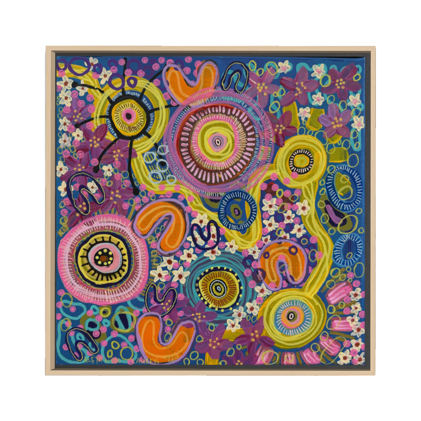 Brighter Skies framed original Aboriginal acrylic painting by Aléjandro Lauren, 30 x 30 cm, with colourful floral and circular patterns