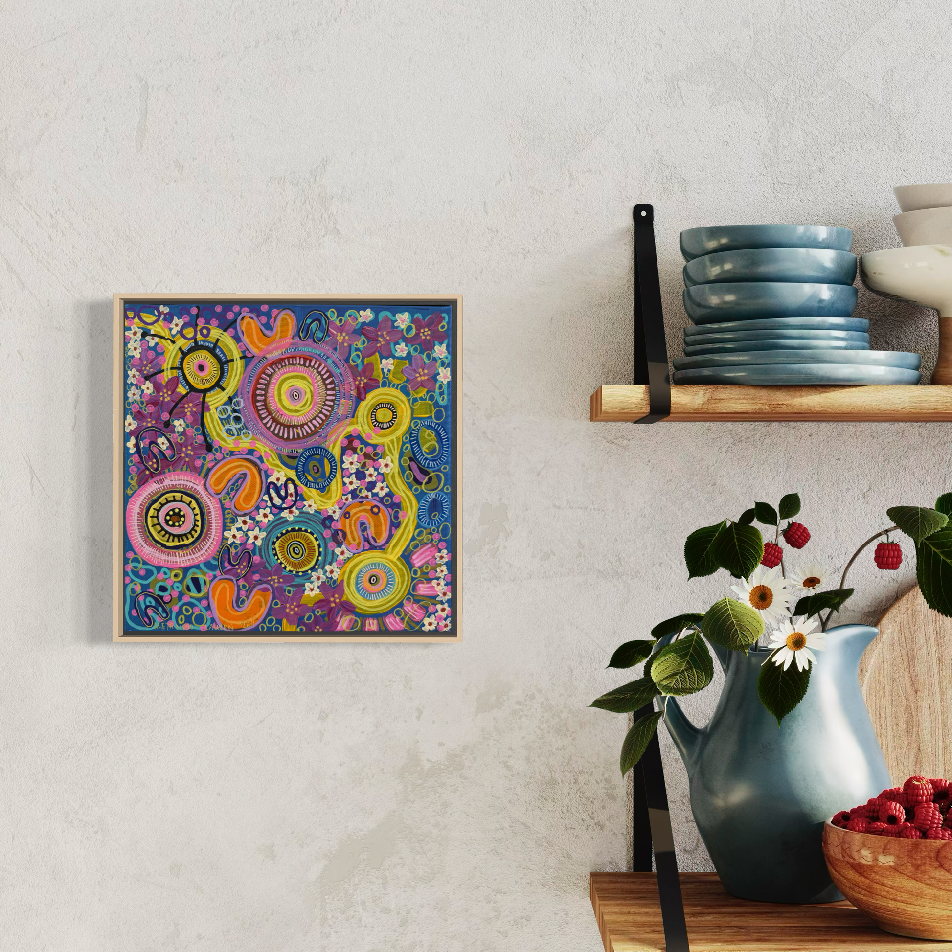 Brighter Skies framed 30 x 30 cm Aboriginal original painting by Aléjandro Lauren displayed in a bright kitchen interior