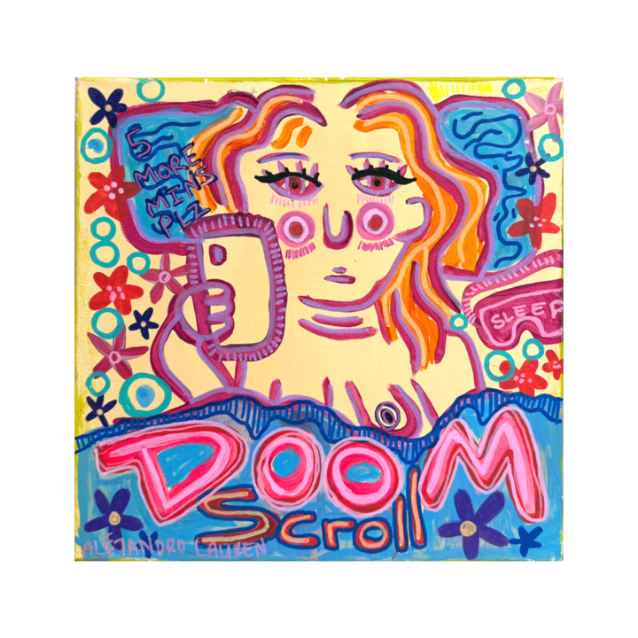 Doom Scroll original painting by Aléjandro Lauren, a colourful 25 x 25 cm artwork about social media scrolling
