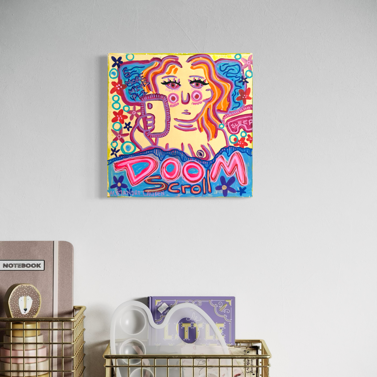 Doom Scroll 25 x 25 cm original painting by Aléjandro Lauren displayed on a white wall