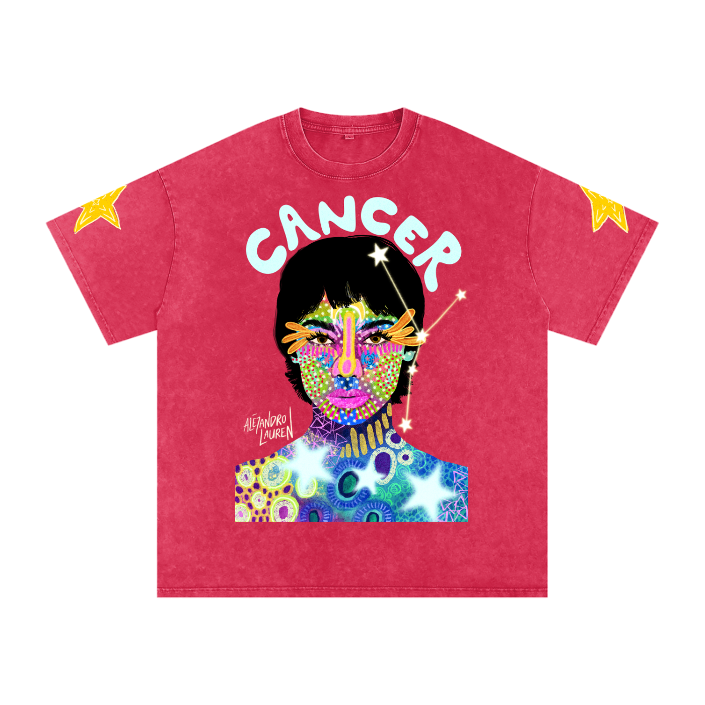 Cancer | Star Sign Astrology Art | Graphic Snow Washed Oversized Cotton T-Shirt