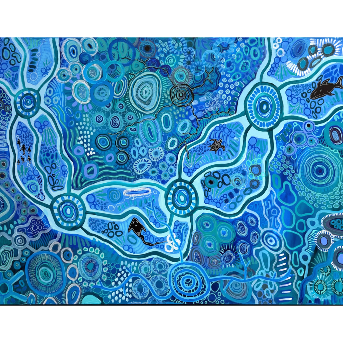 Go with the Flow original Aboriginal painting by Aléjandro Lauren in blue and turquoise tones