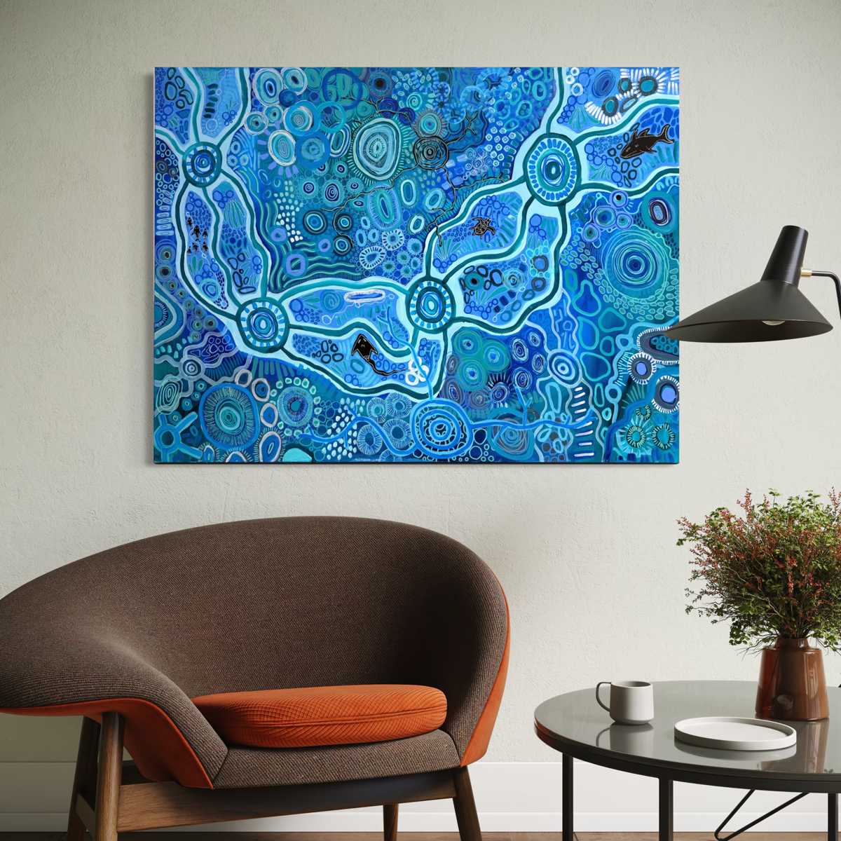 Go with the Flow 92 x 122cm original Aboriginal painting displayed in a contemporary interior