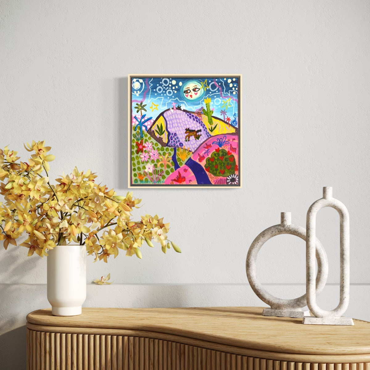 Moonlight Mountains original painting displayed in a styled room