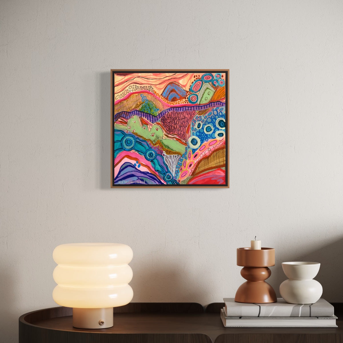 Mountains at Dawn original painting displayed in a styled room