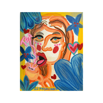 The Tea original painting by Aléjandro Lauren, a colourful 25 x 20 cm acrylic artwork celebrating friendship and gossip over a hot drink