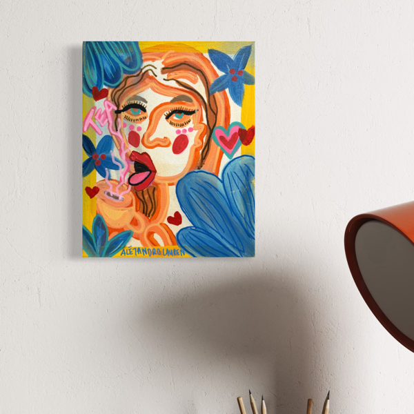 The Tea 25 x 20 cm original acrylic painting by Aléjandro Lauren displayed in a stylish interior nook